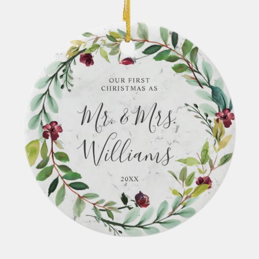Floral Greenery Wreath Marble Ons eerste kerstfees Keramisch Ornament (Achterkant)