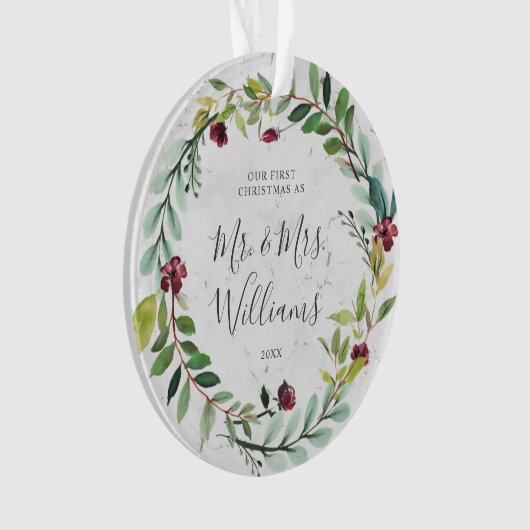 Floral Greenery Wreath Marble Ons eerste kerstfees Ornament (voorkant)