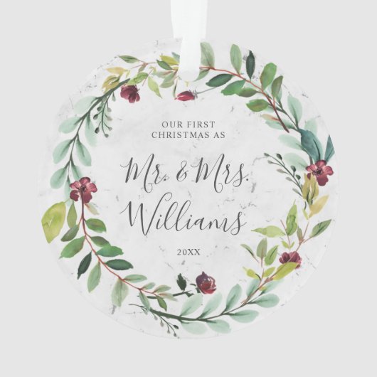 Floral Greenery Wreath Marble Ons eerste kerstfees Ornament (achterkant)