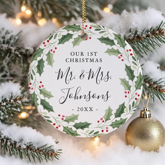 Floral Greenery Wreath Our First Christmas Keramisch Ornament