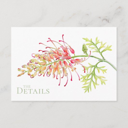 Floral Grevillea Loopy Lou art bruiloft details Informatiekaartje (Achterkant)
