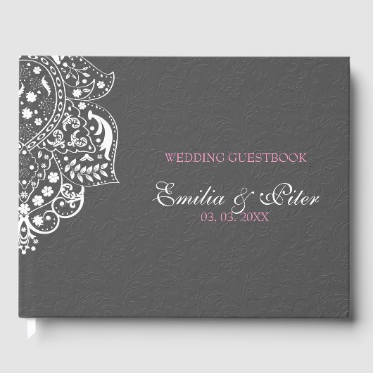 Floral Grey Damask White Mandela Gastenboek (Voorkant)