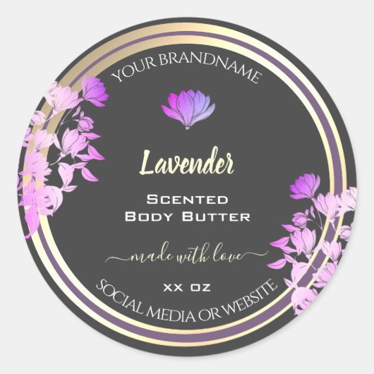Floral Grey en Paarse productetiketten Gold Effect Ronde Sticker (Voorkant)