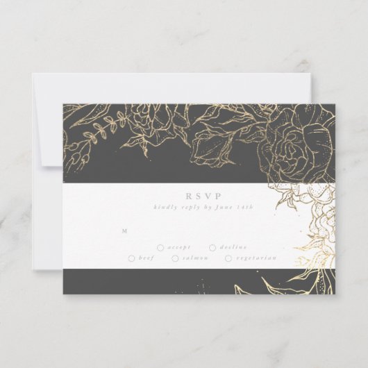 Floral Grey Iron Ore Gold Elegant Pampas Wedding RSVP Kaartje (Voorkant)