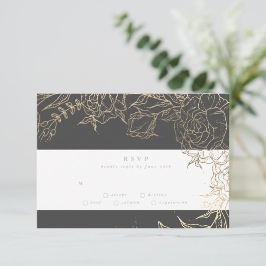 Floral Grey Iron Ore Gold Elegant Pampas Wedding RSVP Kaartje (Staand voorkant)