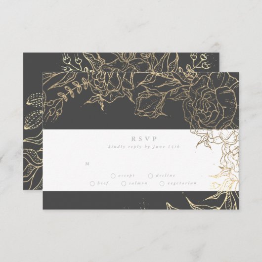 Floral Grey Iron Ore Gold Elegant Pampas Wedding RSVP Kaartje (Voorkant / Achterkant)