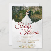 Floral Grey Maroon Elegance Wedding with Photo Kaart (Voorkant)
