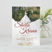 Floral Grey Maroon Elegance Wedding with Photo Kaart (Staand voorkant)