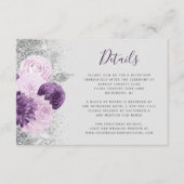 Floral Grey Paarse Silver Wedding Details Informatiekaartje (Voorkant)