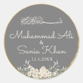 Floral Grijs en Goud Islamitisch Moslim Bruiloft Ronde Sticker (Voorkant)