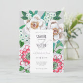 Floral grijs roze, moderne bloemen bruiloft kaart (Staand voorkant)