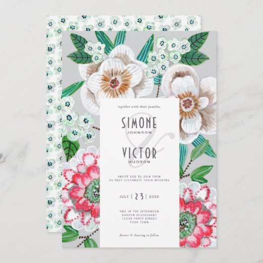 Floral grijs roze, moderne bloemen bruiloft kaart (Voorkant / Achterkant)