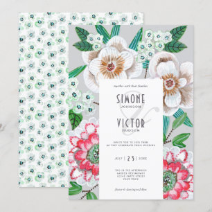Floral grijs roze, moderne bloemen bruiloft kaart