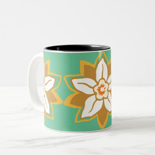 Floral groen en geel Jonquil patroon Tweekleurige Koffiemok (Voorkant links)