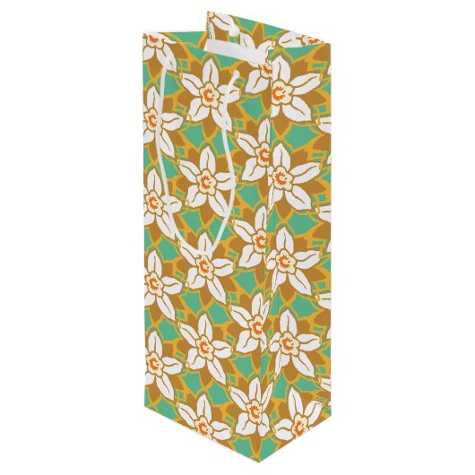  Floral groen en geel Jonquil patroon Wijn Cadeautas (Achterkant Gekanteld)