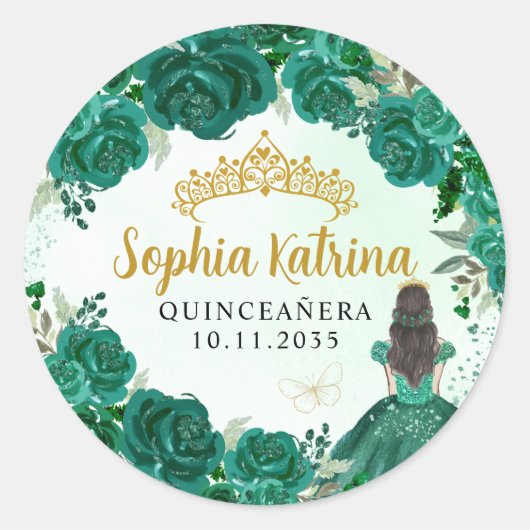 Floral Groen Prinses Quinceanera Verjaardagsgunst Ronde Sticker (Voorkant)