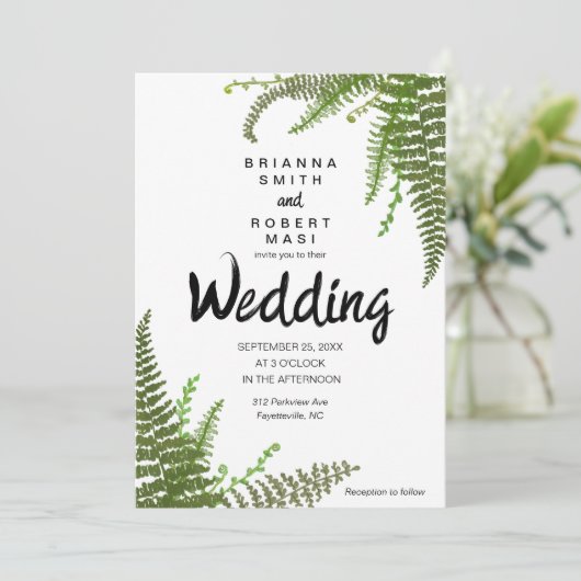 Floral groene fernbladeren bruiloft uitnodiging (Staand voorkant)