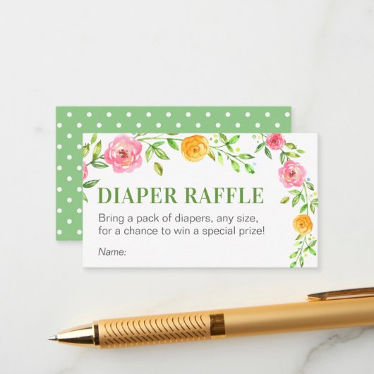 Floral Groene Luier Raffle Ticket Baby shower Informatiekaartje (Voorkant / Achterkant in situ)