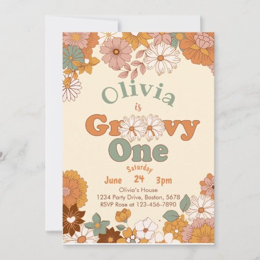 Floral Groovy One Retro 1e Verjaardag uitnodiging (Voorkant)