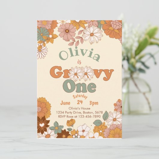 Floral Groovy One Retro 1e Verjaardag uitnodiging (Staand voorkant)