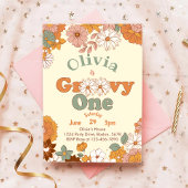 Floral Groovy One Retro 1e Verjaardag uitnodiging