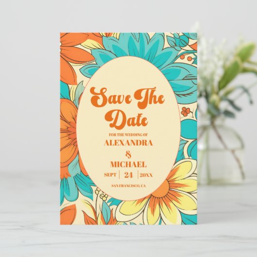Floral Groovy Retro bruiloft Save The Date (Staand voorkant)