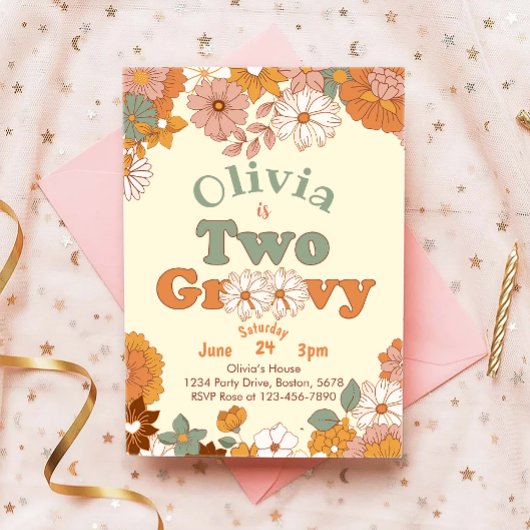 Floral Groovy Twee Retro 2e Verjaardag Uitnodiging