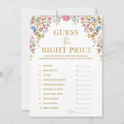 Floral Guess De Juiste Prijs Baby shower Game Kaar Kaart (Voorkant)