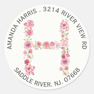 Floral H Initiaal Monogram Retouradres Sticker