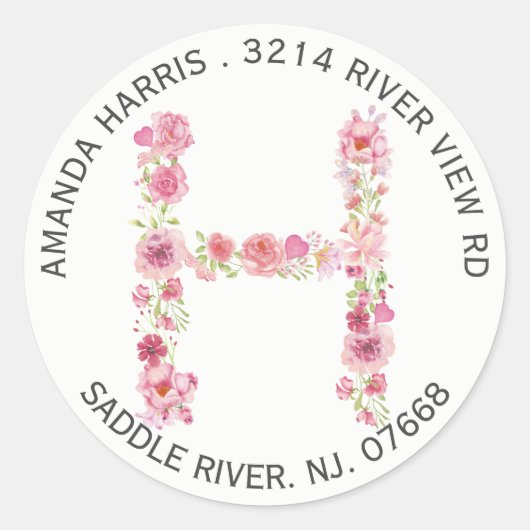 Floral H Initiaal Monogram Retouradres Sticker (Voorkant)