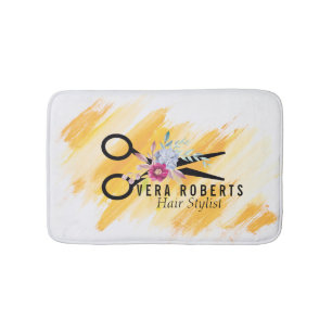 Floral Hair Stylist Gold Scissor & Beauty Salon Badmat