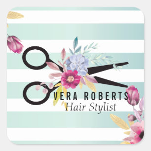 Floral Hair Stylist Gold Scissor & Beauty Salon Vierkante Sticker