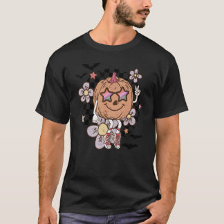 Floral Hallo Herfst Vibes Cute Groovy Pumpkin T-shirt