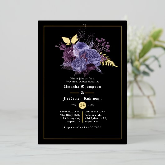Floral Halloween Gothic Rehearsal Dinner Folie Uitnodiging (Staand Voorkant)
