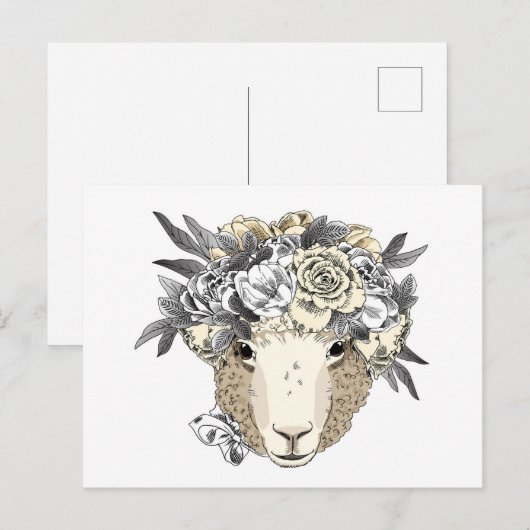 Floral Halo Sheep Briefkaart (Voorkant / Achterkant)