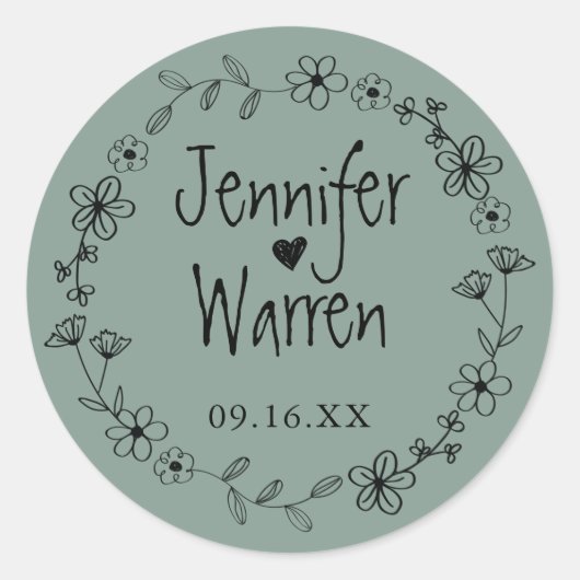 Floral Hand Drawn Wreatalized Green Ronde Sticker (Voorkant)