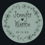 Floral Hand Drawn Wreatalized Green Ronde Sticker<br><div class="desc">Een zoet einde aan een nieuw begin personaliseert met namen,  datum,  en hand-getrokken bloemen. Bericht me als je hulp nodig hebt of speciale verzoeken hebt.</div>