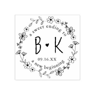 Floral Hand Drawn Wreath Monogram Date Weddenschap Rubberstempel