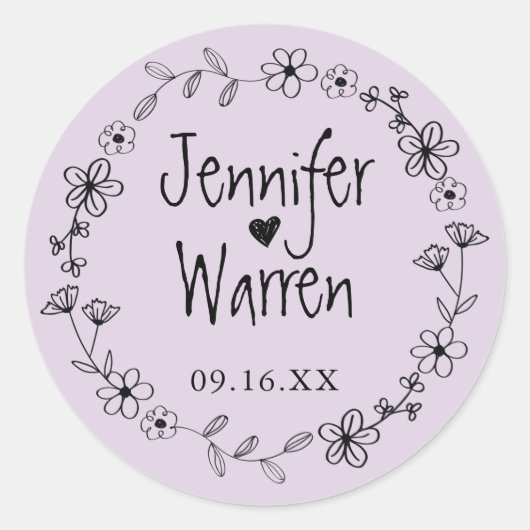 Floral Hand Drawn Wreath Personalized Lavender Ronde Sticker (Voorkant)