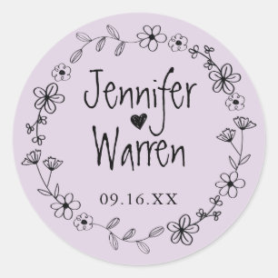 Floral Hand Drawn Wreath Personalized Lavender Ronde Sticker