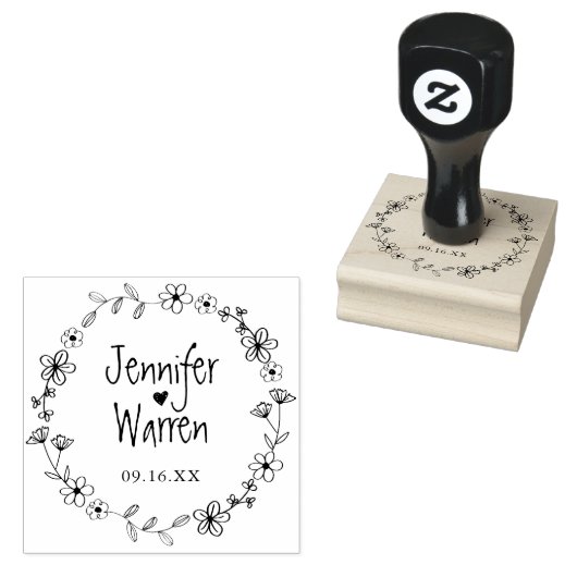 Floral Hand Drawn Wreath Personalized Wedding Rubberstempel (Gestempeld)