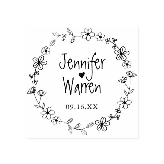 Floral Hand Drawn Wreath Personalized Wedding Rubberstempel (Afrduk)