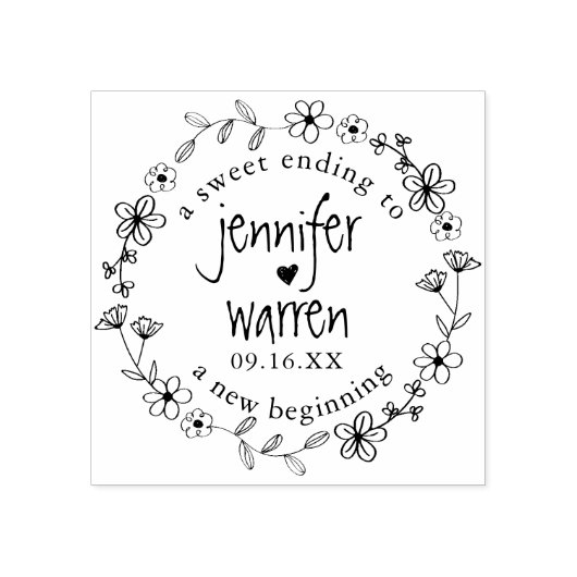 Floral Hand Drawn Wreath Personalized Wedding Rubberstempel (Afrduk)