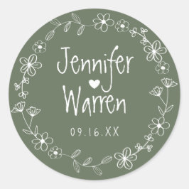 Floral Hand Drawn Wreath Wedding Green Ronde Sticker