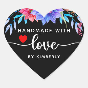 Floral Handmade with Love Black Hart Sticker