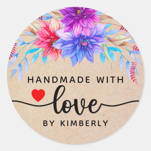 Floral Handmade with Love Classic Round Sticker (Voorkant)