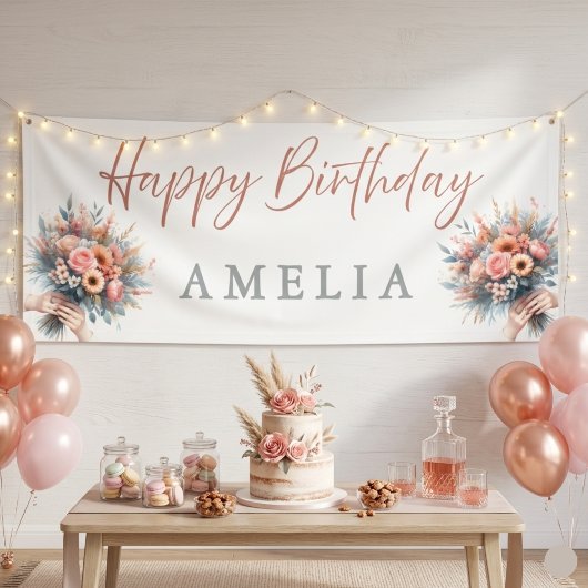 Floral Happy Birthday Personalized Party Banner Si