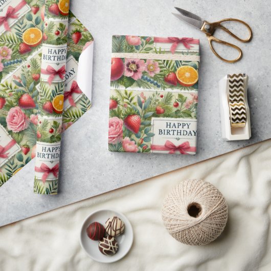 Floral Happy Birthday Wrapping Paper Cadeaupapier (Crafts)
