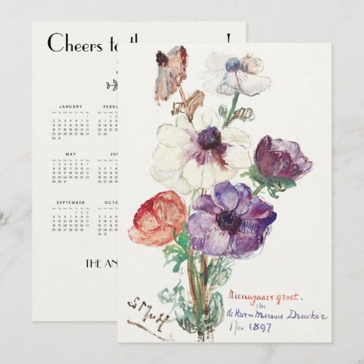  Floral Happy Nieuwjaar Feestdagenkaart (Voorkant / Achterkant)