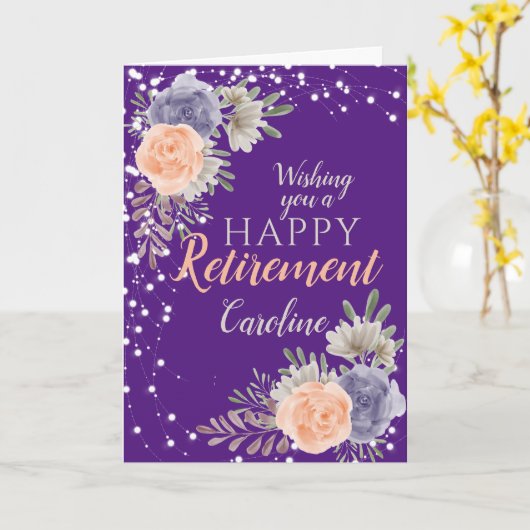Floral Happy Retirement Peony Roos Paars Kaart (Gele Bloem)